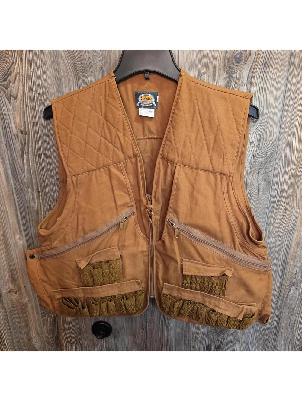 Cabela’s Bird Fowl Hunting Vest Tan Duck Brown Size Med w/ Pockets Shell Sleeves